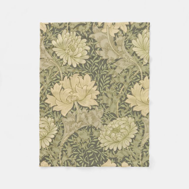 William Morris Chrysanthemum Sage Flower Fleece Blanket (Front)