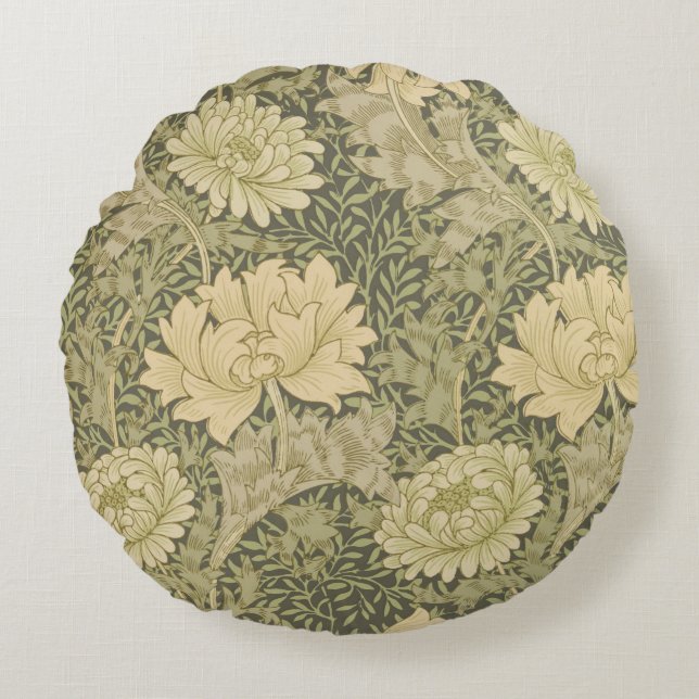 William Morris Chrysanthemum Sage Flower Round Cushion (Front)