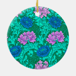 William Morris Chrysanthemums, Aqua and Violet  Ce Ceramic Tree Decoration