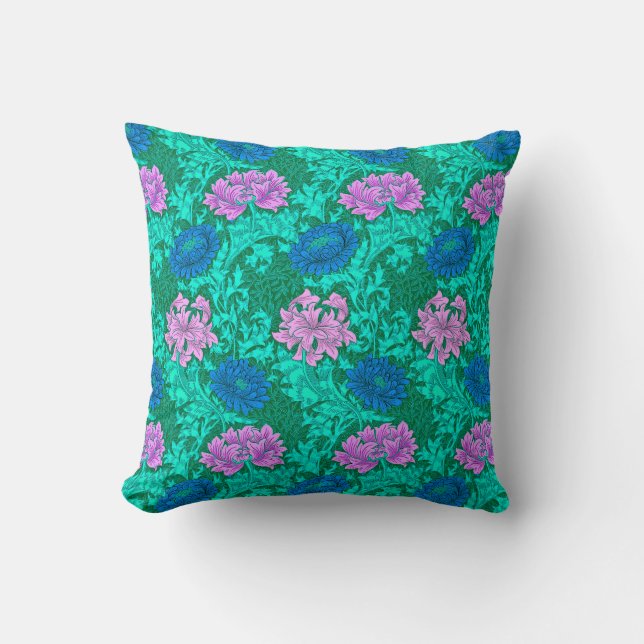William Morris Chrysanthemums, Aqua and Violet  Cushion (Front)