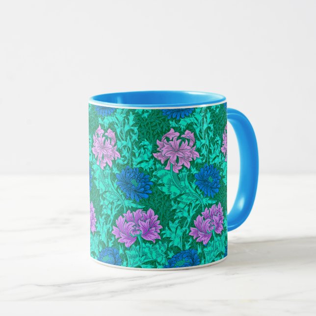 William Morris Chrysanthemums, Aqua and Violet  Mug (Front Right)