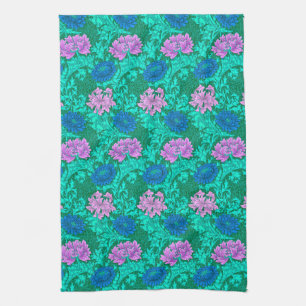 William Morris Chrysanthemums, Aqua and Violet  Tea Towel