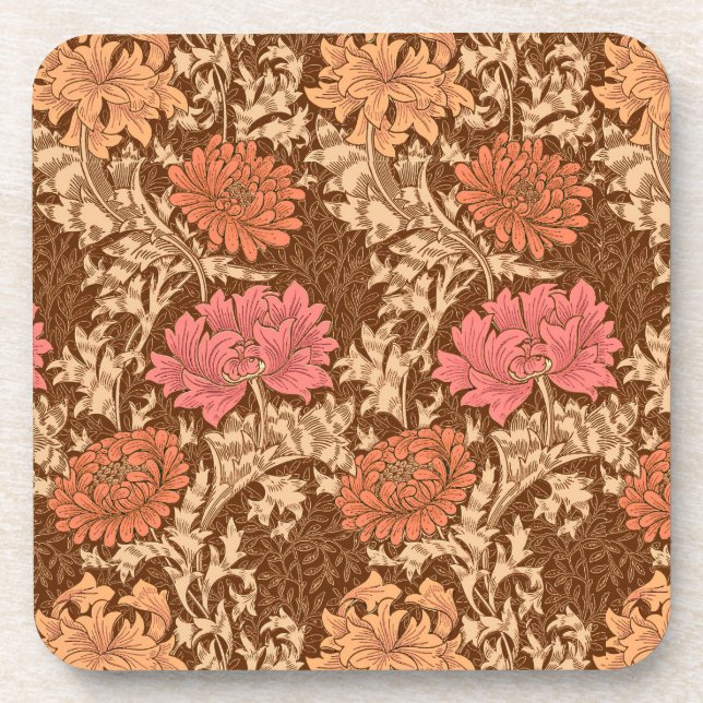 William Morris Chrysanthemums, Brown and Rust Coaster (Front)