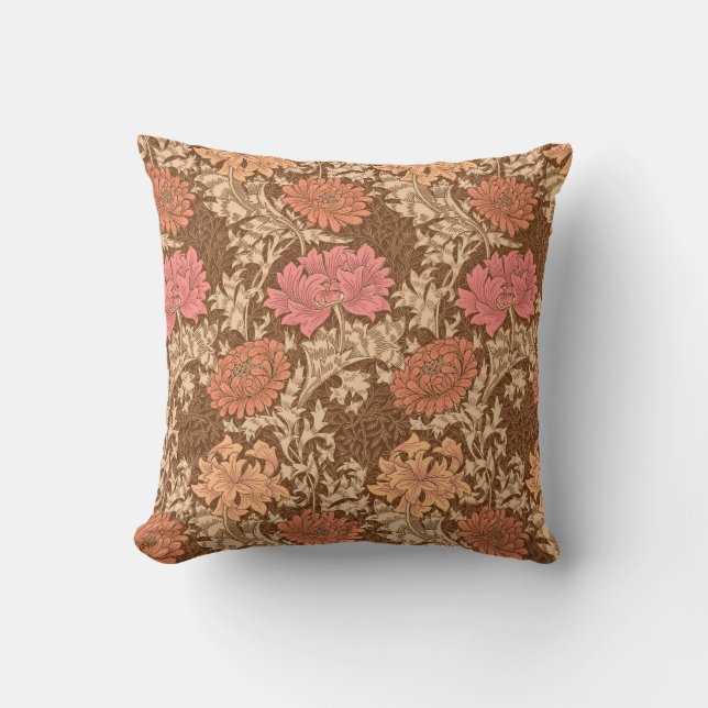 William Morris Chrysanthemums, Brown and Rust Outdoor Cushion (Front)
