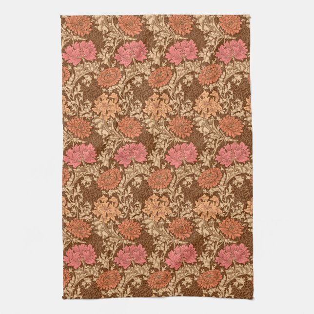 William Morris Chrysanthemums, Brown and Rust Tea Towel (Vertical)