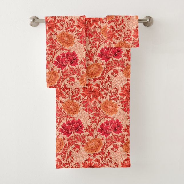 William Morris Chrysanthemums, Coral Orange Bath Towel Set (Insitu)