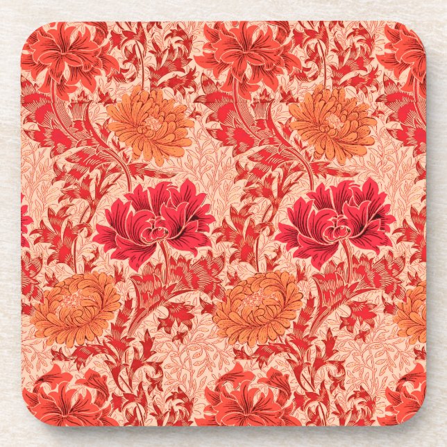 William Morris Chrysanthemums, Coral Orange Coaster (Front)