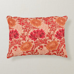 William Morris Chrysanthemums, Coral Orange Decorative Cushion