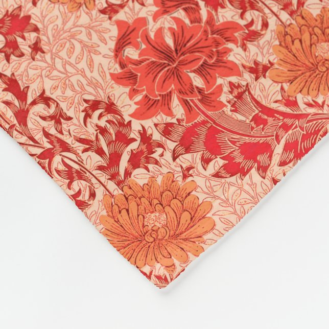 William Morris Chrysanthemums, Coral Orange Fleece Blanket (Corner)