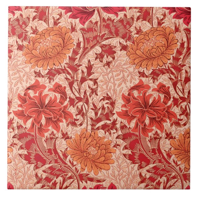 William Morris Chrysanthemums, Coral Orange Tile (Front)