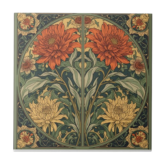 William Morris Chrysanthemums Floral Art Nouveau  Tile (Front)