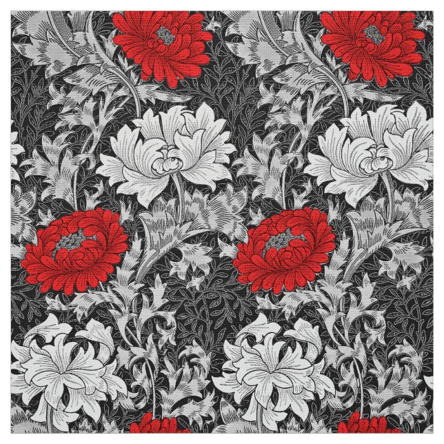 William Morris Chrysanthemums, Grey and Red Fabric (Swatch)