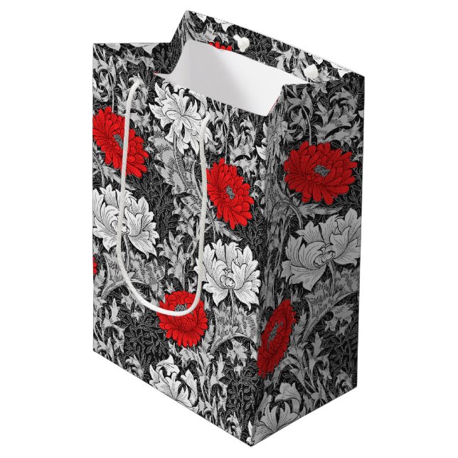 William Morris Chrysanthemums, Grey and Red Medium Gift Bag (Front Angled)