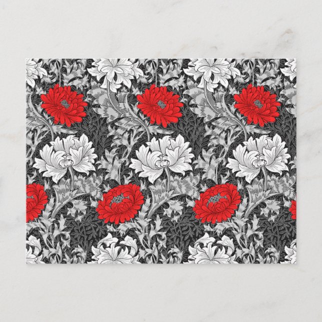 William Morris Chrysanthemums, Grey and Red Postcard (Front)
