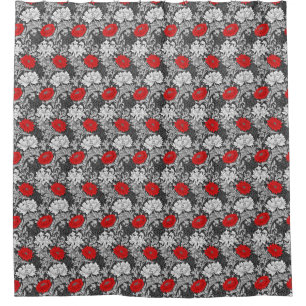 William Morris Chrysanthemums, Grey and Red Shower Curtain