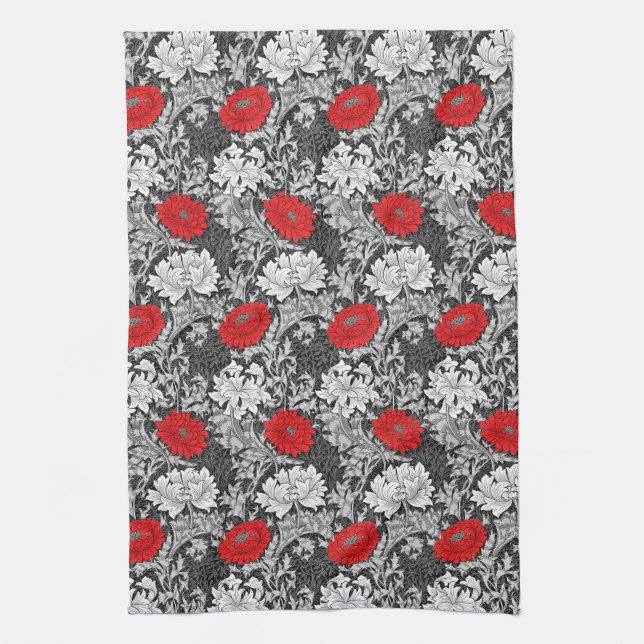 William Morris Chrysanthemums, Grey and Red Tea Towel (Vertical)