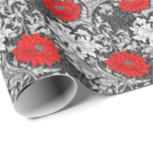 William Morris Chrysanthemums, Grey and Red Wrapping Paper
