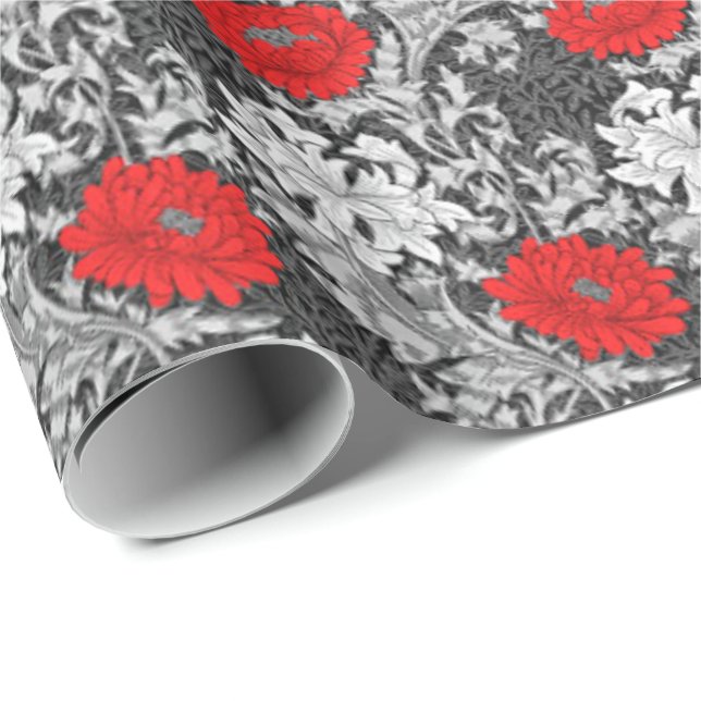 William Morris Chrysanthemums, Grey and Red Wrapping Paper (Roll Corner)