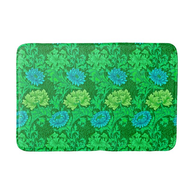 William Morris Chrysanthemums, Lime Green & Aqua Bath Mat (Front)