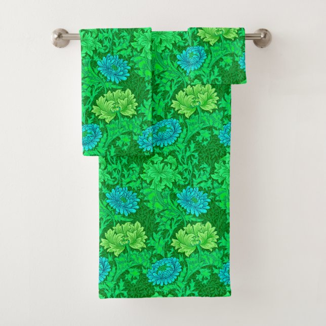 William Morris Chrysanthemums, Lime Green & Aqua Bath Towel Set (Insitu)