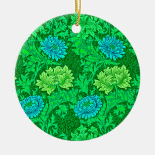 William Morris Chrysanthemums, Lime Green & Aqua C Ceramic Tree Decoration