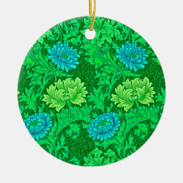 William Morris Chrysanthemums, Lime Green & Aqua C Ceramic Tree Decoration (Front)