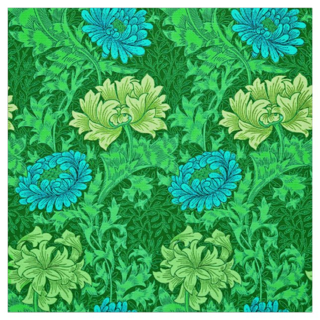 William Morris Chrysanthemums, Lime Green & Aqua Fabric (Swatch)