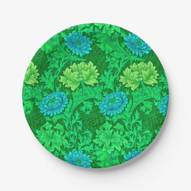 William Morris Chrysanthemums, Lime Green & Aqua Paper Plate (Front)