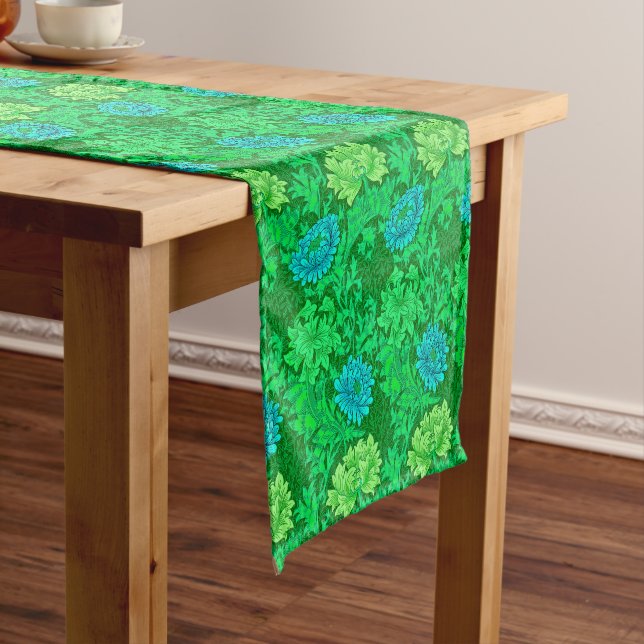 William Morris Chrysanthemums, Lime Green & Aqua Short Table Runner (In Situ)