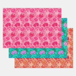 William Morris Chrysanthemums, Pink, Aqua & Coral Wrapping Paper Sheet