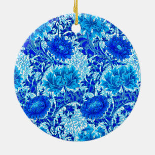 William Morris Chrysanthemums Shades of Denim Blue Ceramic Tree Decoration
