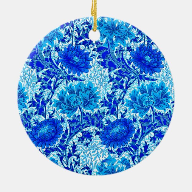 William Morris Chrysanthemums Shades of Denim Blue Ceramic Tree Decoration (Back)