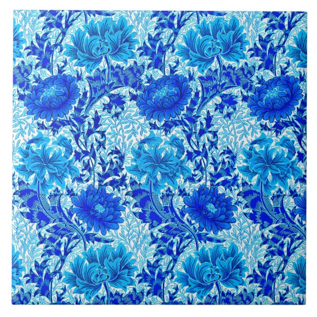 William Morris Chrysanthemums Shades of Denim Blue Tile (Front)