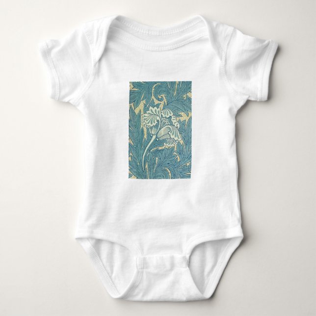 William Morris Classic Tulip Blue Floral Baby Bodysuit (Front)