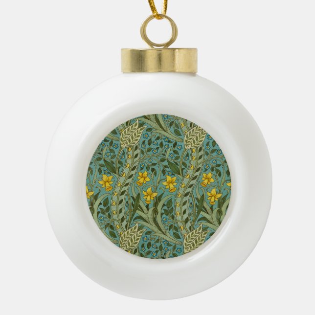 William Morris Daffodil Floral Pattern Classic Ceramic Ball Christmas Ornament (Front)