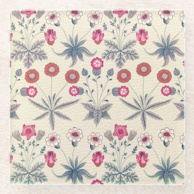William Morris Daisy Floral Pattern Red Orange Glass Coaster (Front)