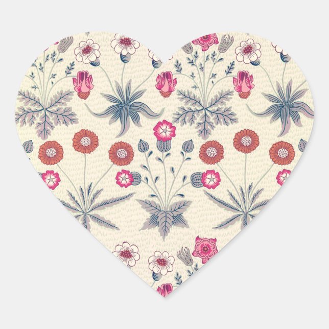 William Morris Daisy Floral Pattern Red Orange Heart Sticker (Front)