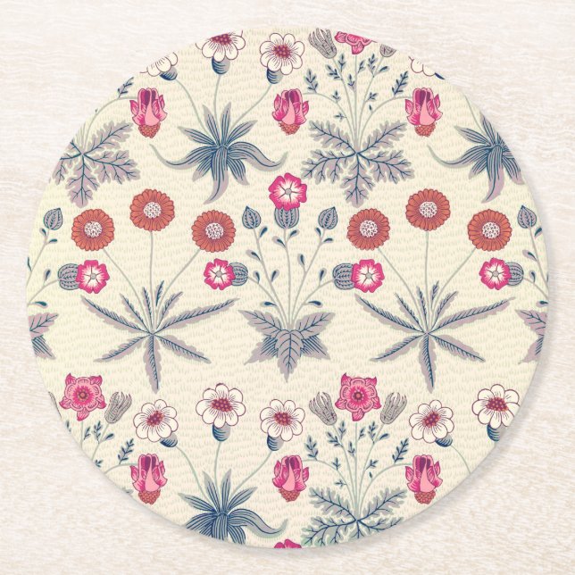 William Morris Daisy Floral Pattern Red Orange Round Paper Coaster (Front)