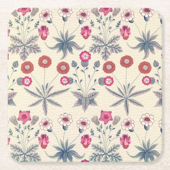 William Morris Daisy Floral Pattern Red Orange Square Paper Coaster (Front)