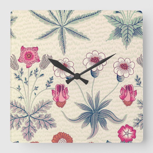 William Morris Daisy Floral Pattern Red Orange Square Wall Clock (Front)