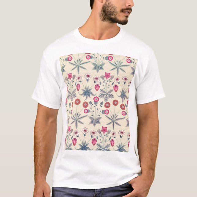 William Morris Daisy Floral Pattern Red Orange T-Shirt (Front)