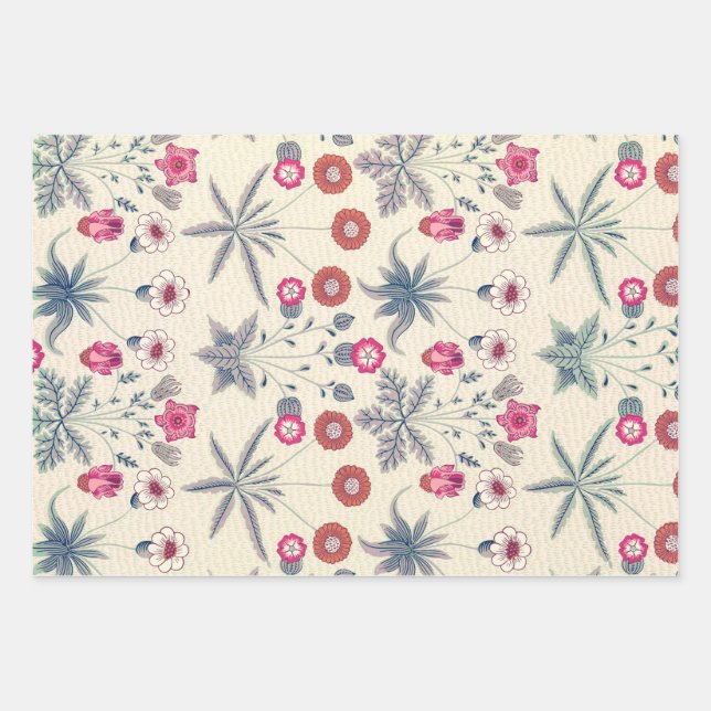 William Morris Daisy Floral Pattern Red Orange Wrapping Paper Sheet (Front)