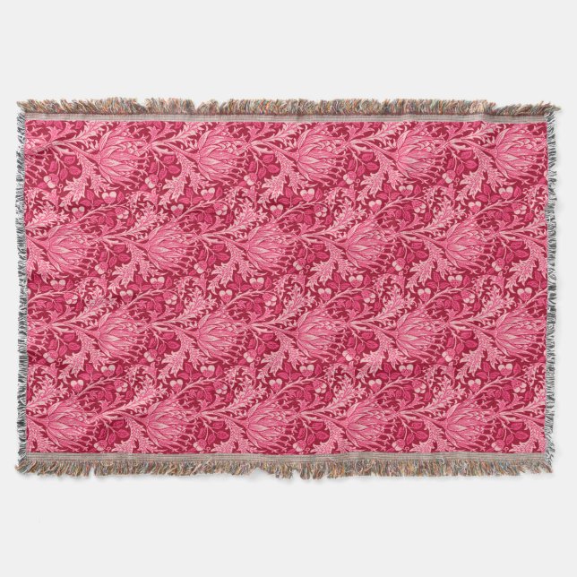 William Morris Damask, Fuchsia Pink Throw Blanket (Front)