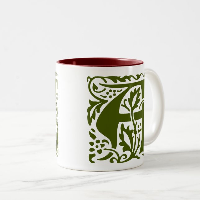 William Morris Dark Green Monogram Arts Crafts Two-Tone Coffee Mug (Front Right)