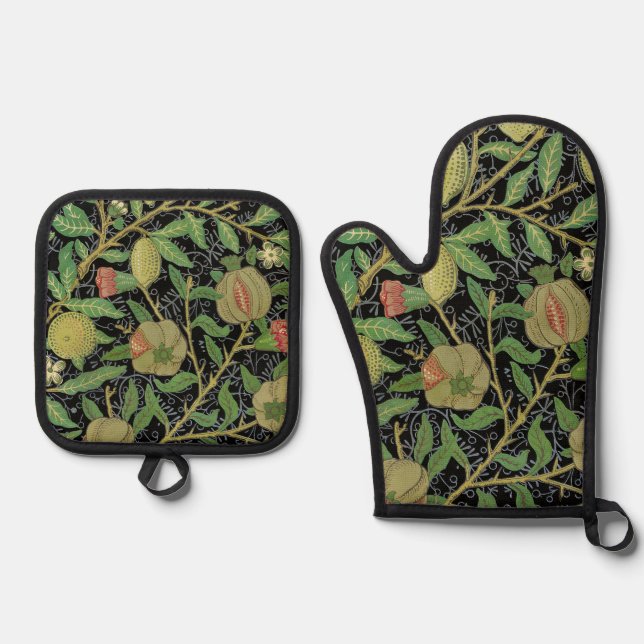 William Morris Dark Pomegranate Fruit Pattern Oven Mitt & Pot Holder Set (Front)