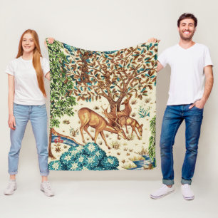 William Morris Deer by a Brook Tapestry Beige Fleece Blanket