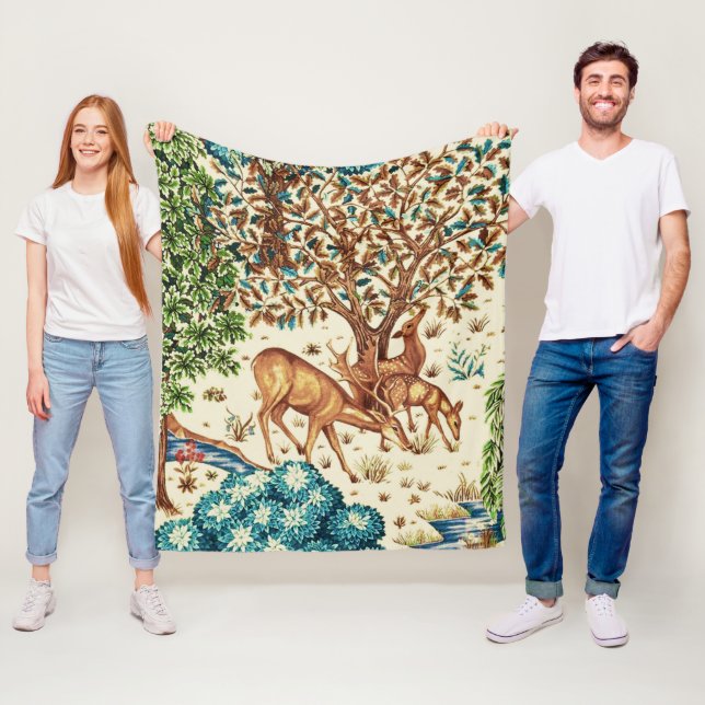 William Morris Deer by a Brook Tapestry Beige Fleece Blanket (In Situ)