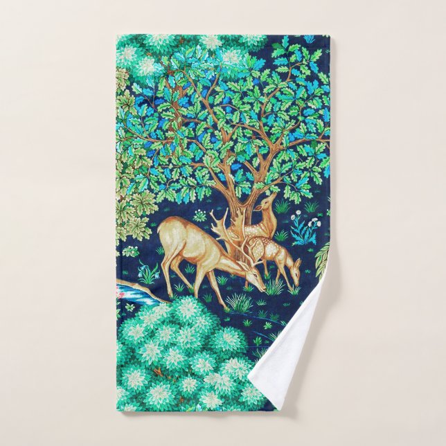 William Morris Deer by a Brook Tapestry Indigo Bath Towel Set (Hand Towel)