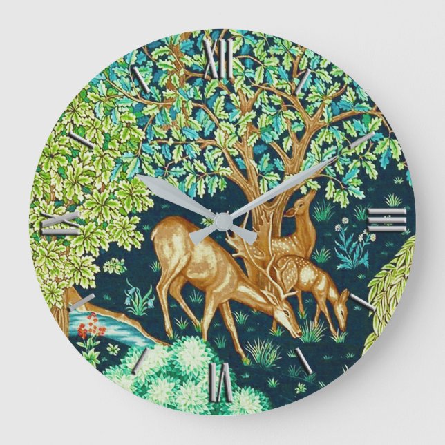 William Morris Deer by a Brook Tapestry Print Large Clock (Front)