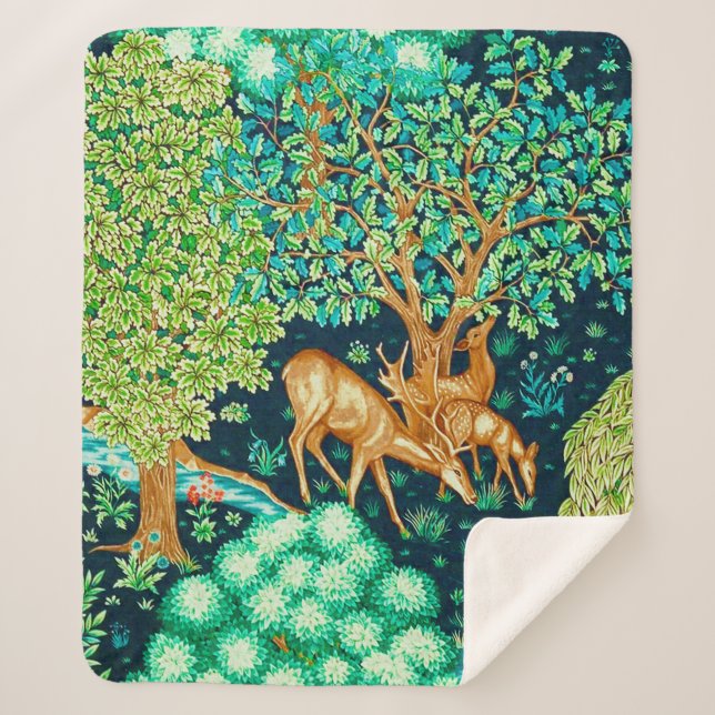 William Morris Deer by a Brook Tapestry Print Sherpa Blanket (Front)